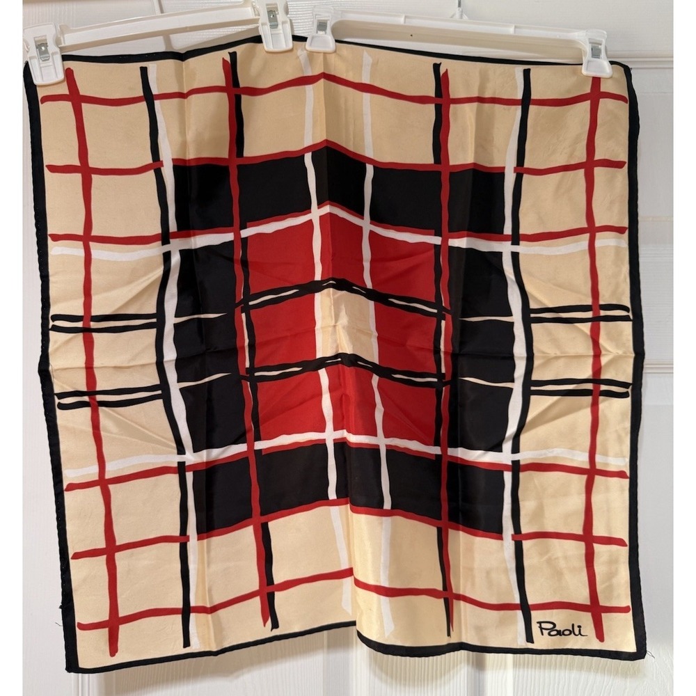 Vintage‎ Paoli Signed Plaid Square Scarf Red Black Cream Geometric Retro Grid